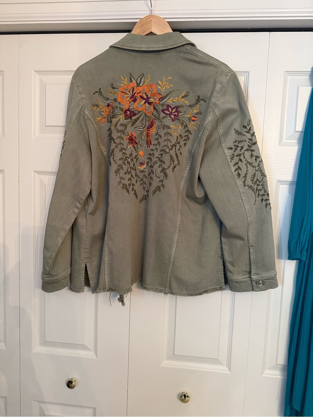Chico's Olive Green Embroidered Sleeve Jean Jacket